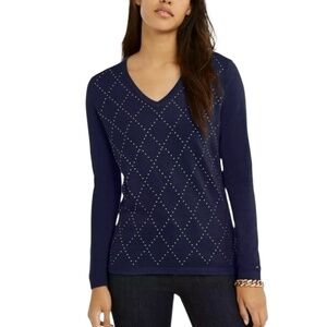 TOMMY HILFIGER 100% Cotton Navy Blue Studded Vee Neck Sweater Sz M